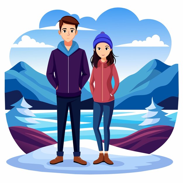 Vector winter lovely couple adventure clothing snow christmas hand drawn cartoon character sticker