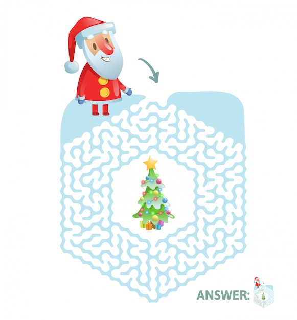 冬の迷路ゲーム。面白いサンタのキャラクターと答えの迷宮。図。白い背景の上。