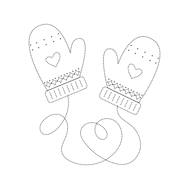 Vector winter mittens tracing lines educational worksheets