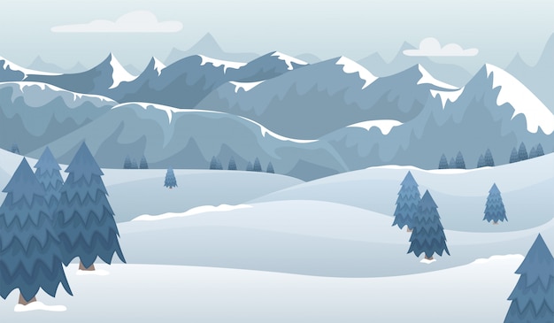 Vector winter mountain landscape in blue tones. flat illustration.