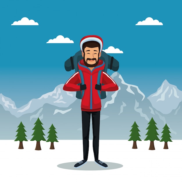 Winter mountain landscape poster with scaler man with equipment