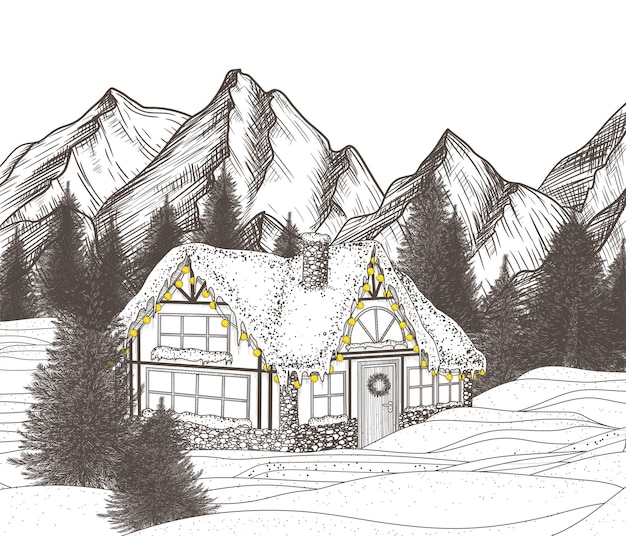 Vector winter mountain landscape. snow-covered house in the forest in the style of engraving