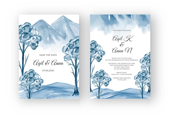 Winter mountain landscape watercolor wedding invitation