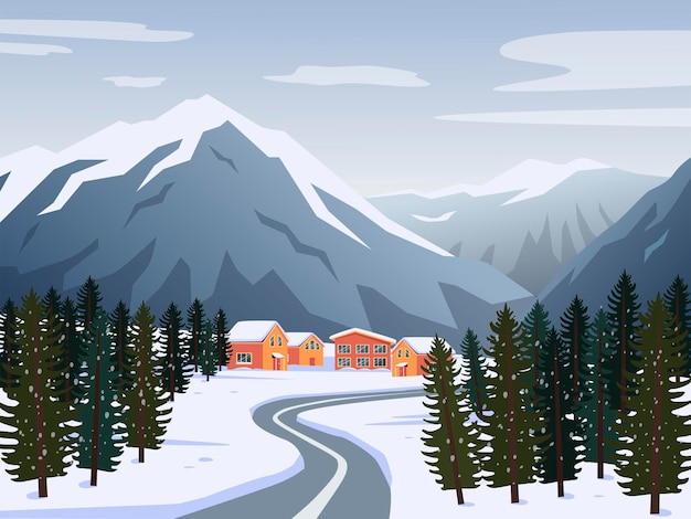 Winter mountain landscape with houses similar to the hotels of the ski resort Vector illustration