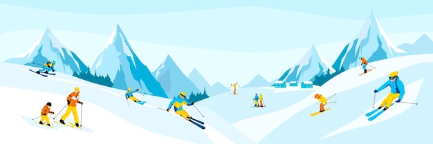 Vector winter mountain landscape with many different skiers happy man woman with kids ride skis in alps blue sky tops of rocks on background winter sport activities skiing resort vector illustration