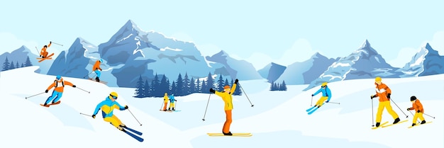 Winter mountain landscape with many different skiers happy man woman with kids ride skis in alps blue sky tops of rocks on background winter sport activities skiing resort vector illustration