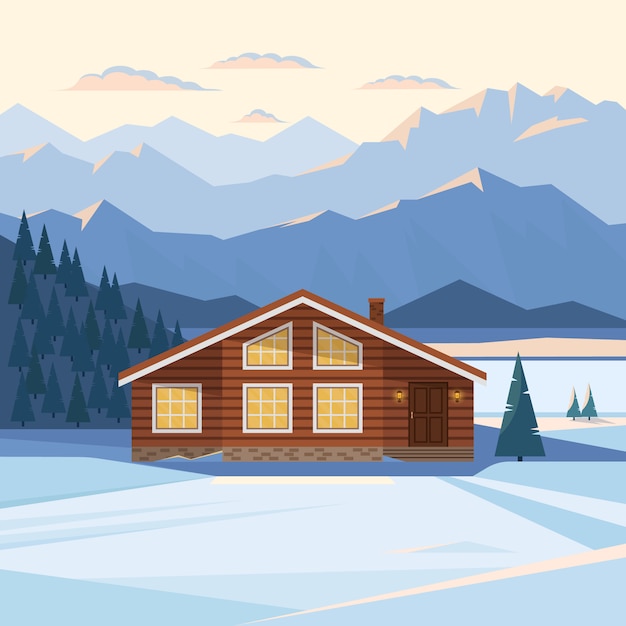 Vector winter mountain landscape with wooden house, chalet, snow, illuminated mountain peaks, hill, forest, river, fir trees, illuminated windows, sunset, dawn.  flat illustration.