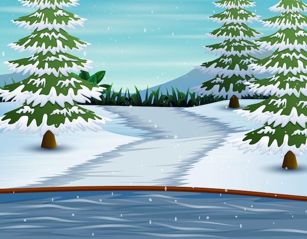Winter mountains and lake with pine trees covered in snow