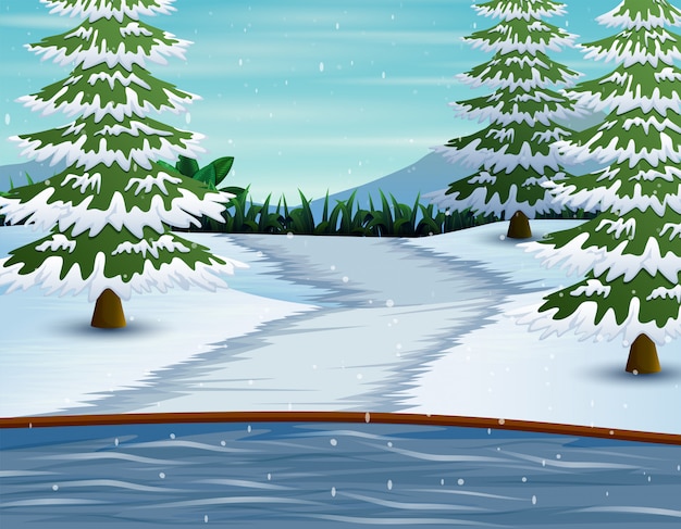 Vector winter mountains and lake with pine trees covered in snow