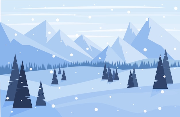 Vettore paesaggio invernale delle montagne con alberi di pino e colline