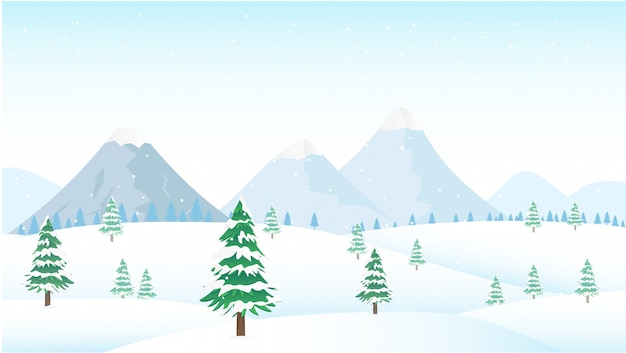 Winter mountains landscape with pines and hills. illustration