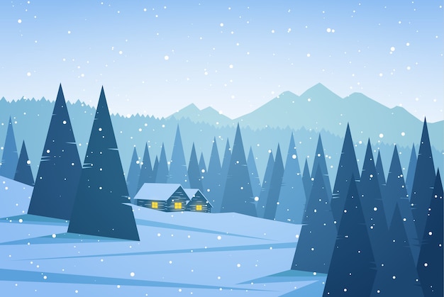  winter mountains landscape with two houses, pines and snowflakes.