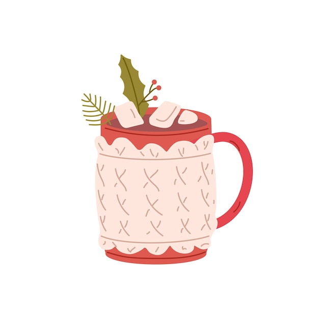 Winter mug with hot chocolate drink Christmas cup in knitted cosy holder Cocoa with marshmallows leaf and berry Warming beverage cacao Flat vector illustration isolated on white background