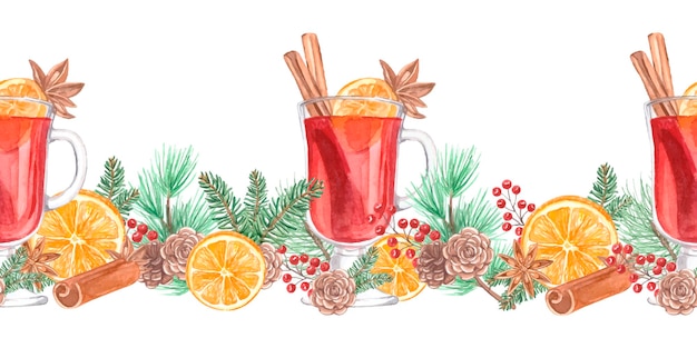 Winter Mulled wine seamless border. Vector illustration