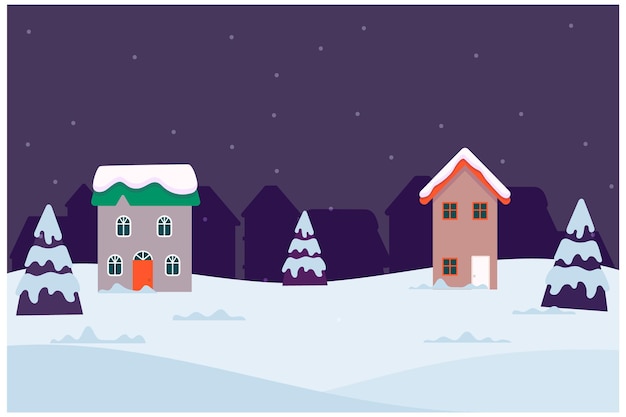 冬の自然。クリスマス ツリーと雪が降っている家のある風景。イラスト、ポストカード、禁止
