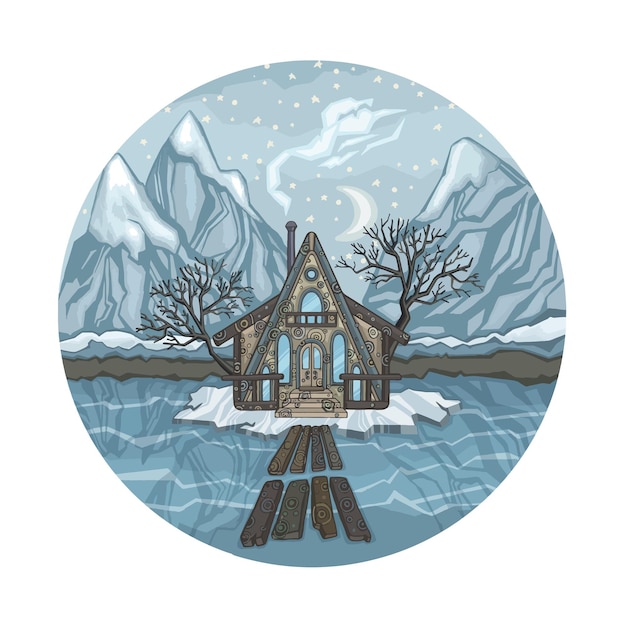 Winter nature and mountains trees and house in the snow high
quality illustration