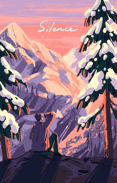 Вектор Плакат о зимнем путешествии по природе персонаж поднялся на гору, сидя на скале спокойный мирный пейзаж со скалами, деревьями в снежной карте человек, смотрящий на восход солнца плоская векторная иллюстрация