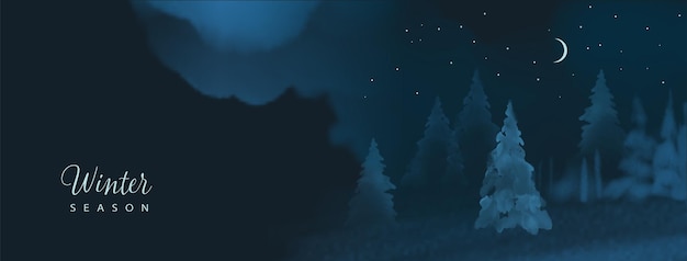 Vector winter night banner with a watercolor landscape