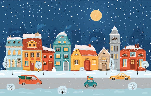 Winter night city in retro style. christmas background. cozy town in a flat style.