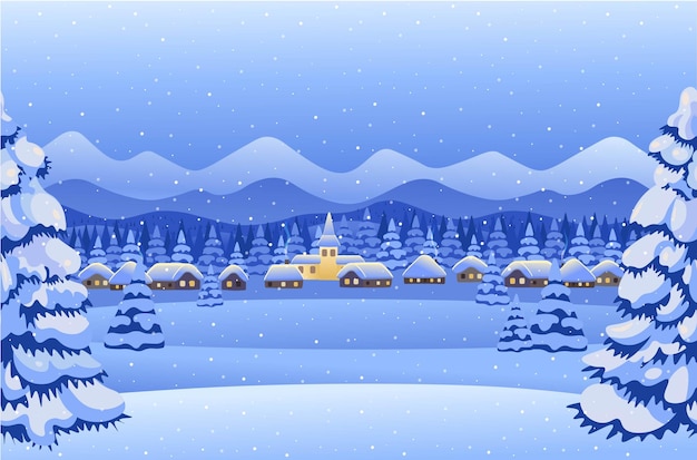 Vector winter night forest landscape with village mountains. christmas card.