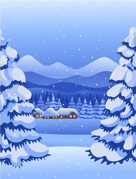 Winter night forest landscape with village mountains. Vertical seamless background.