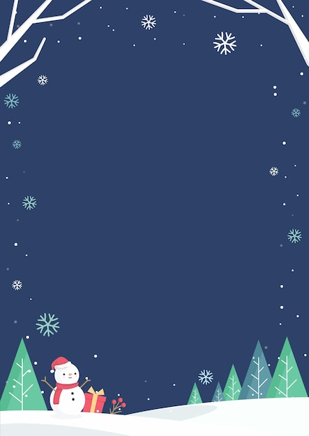 Vector winter night landscape frame design with trees and snow.