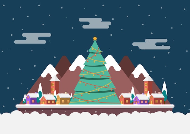 Vector winter night landscape in a small village with big christmas tree. merry christmas and happy new year background.