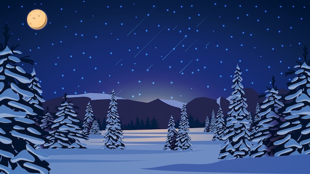 Vector winter night landscape with snow-covered pines, hills on horizon, blue starry sky, big full moon and snow-covered plains.