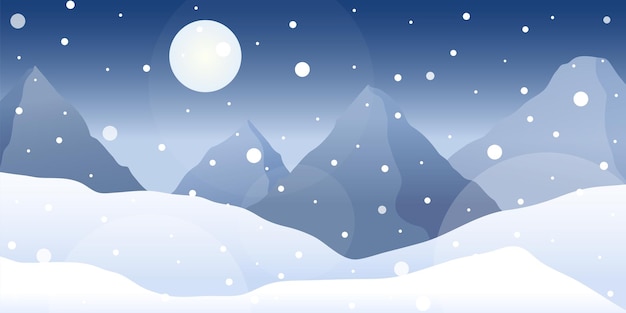 Vector winter night landscape with snow and mountains. vector illustration