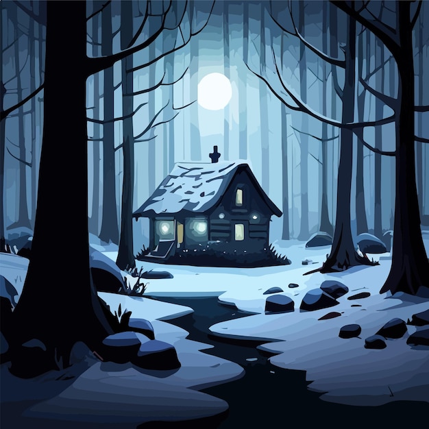 Вектор Зимняя ночь лунный свет фантастический жуткий дом в темном лесу фантастическая сцена пейзаж с хижиной