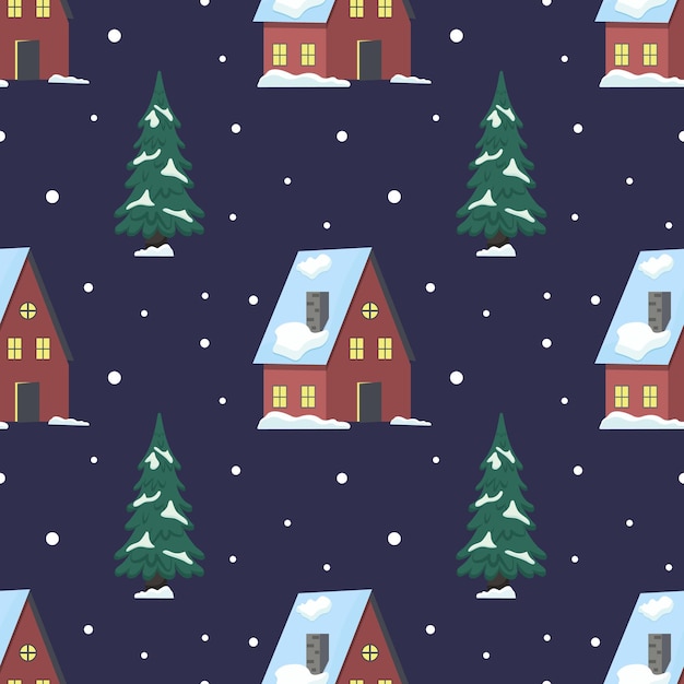 Winter night scene with snowcovered houses and evergreen trees in a serene landscape