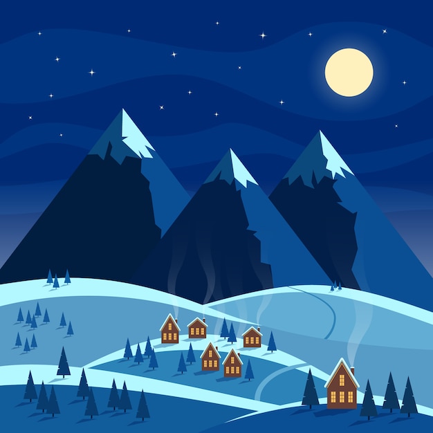 Вектор Зимний ночной снежный пейзаж.