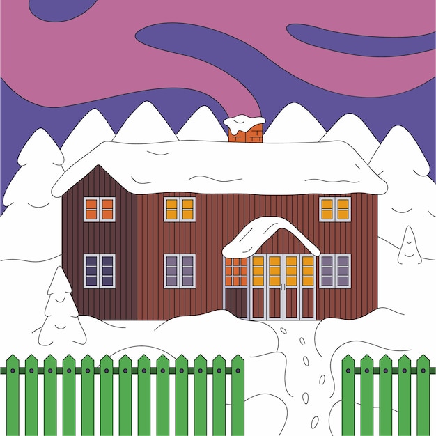 Vector winter night street with house, snow tree.