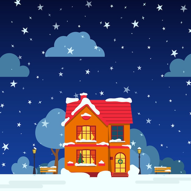 Winter night street with house, snow trees, bush clouds, flat cartoon card. Merry Christmas and Happy New Year holiday banner. Suburban landscape