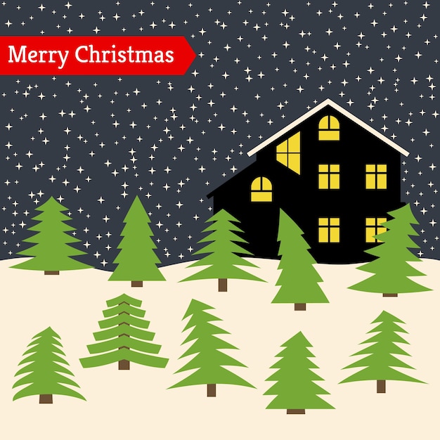 Winter night with lonely house and stellar sky and a red ribbon with the inscription happy christmas. vector illustration.