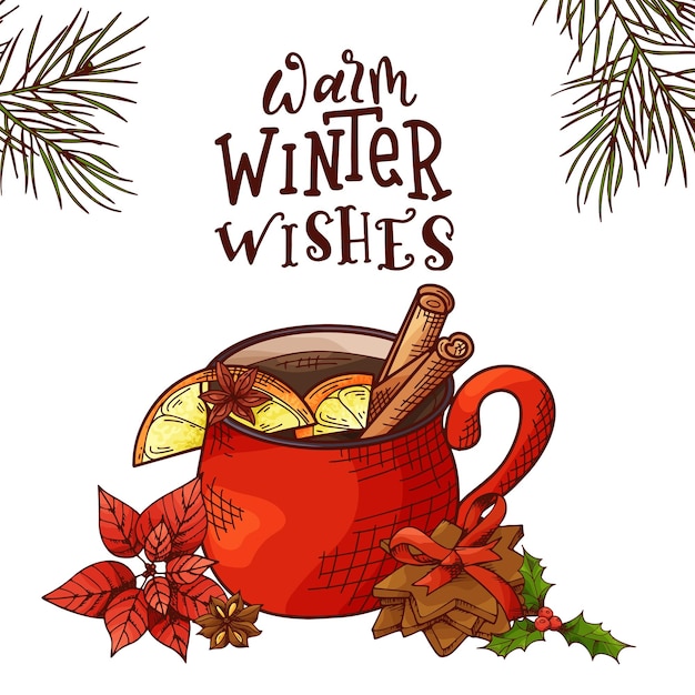 Winter- of herfstdrankje voor uw ontwerp met belettering Handgetekende schets voor kerstsjabloon Vecto