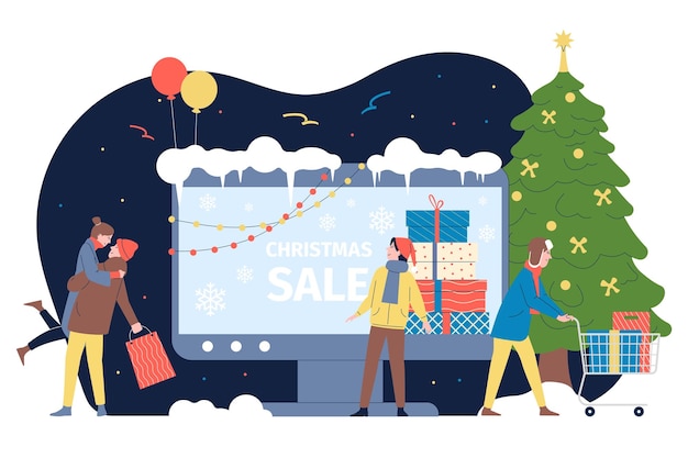 Amici dello shopping online invernale che spingono per comprare affari di regali di commercio di vacanze di natale natale presenta concetto di vettore di sconto di consegna recente