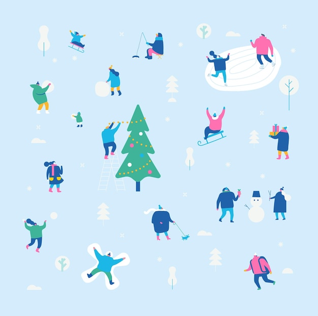 Winter outdoor activities flat vector illustration