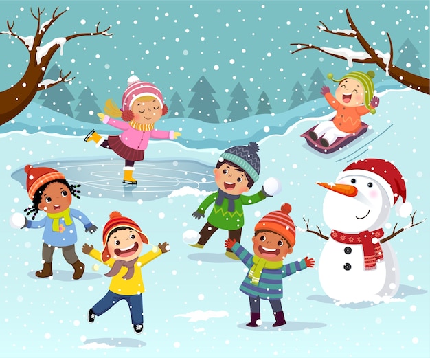 Winter outdoor activities with kids and snowman