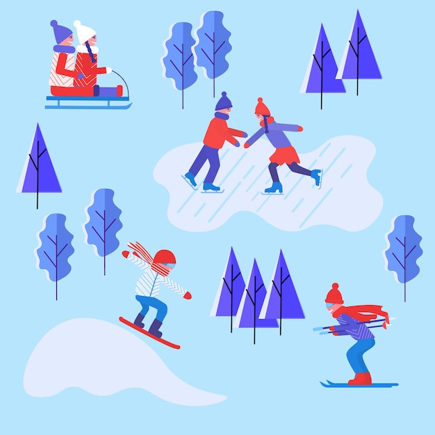 Winter outdoors activities People skiing skating snowboard and sledding  flat illustration