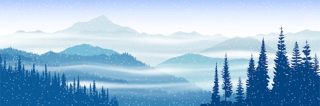 Winter panoramic view of the mountains with fog