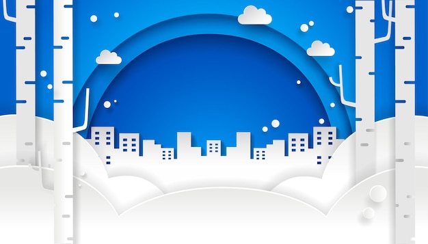 ベクトル 青い空と街の冬のペーパーアートデザイン。雪の背景。