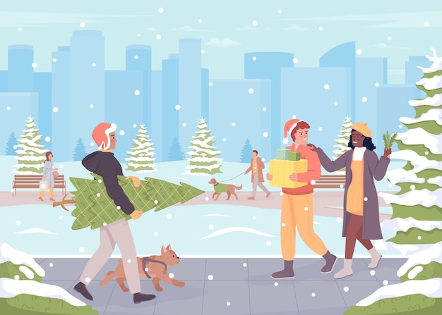 Winter park flat color vector illustration