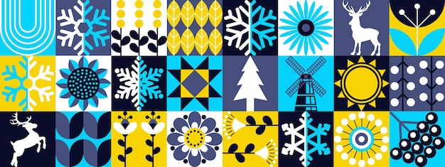 Vector winter pattern simple geometric shapes textile background of snow deer snowflakes frost cold