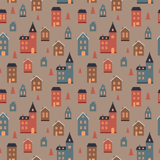 Winter pattern with cute houses, small towm, christmas elements, vector illustration