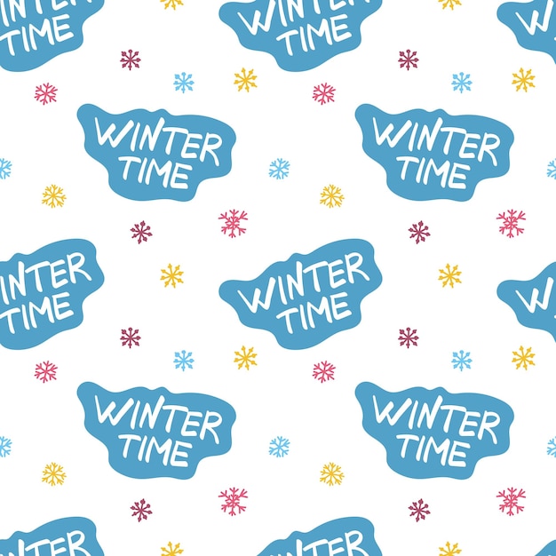 Winter pattern with the inscription winter time and colorful snowflakes on a white background