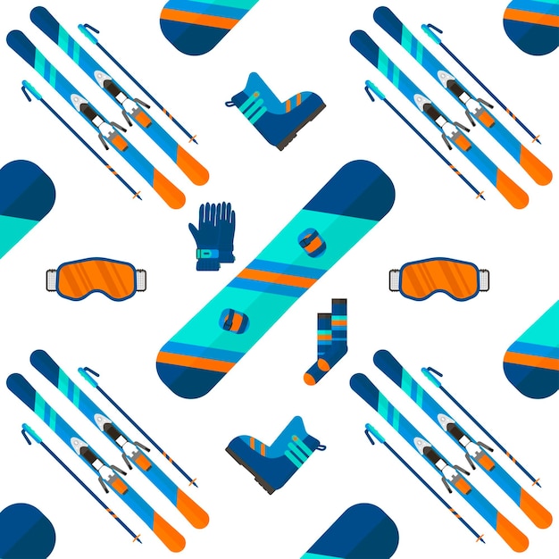 Winter pattern with sport icons collection. skiing and\
snowboarding set on white background in flat style design. elements\
for ski resort picture, mountain activities, vector\
illustration.