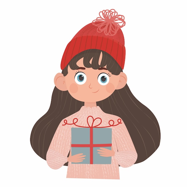 winter picture a girl in a red cap with a gift in her hands