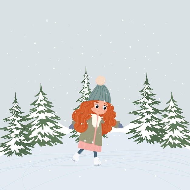 Winter picture A girl with red hair is skating