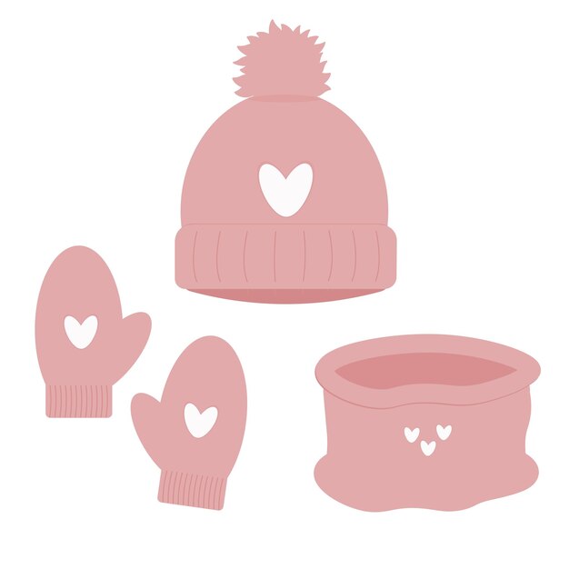 Vector winter pink set of hat, gloves and scarf